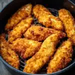 Crispy breaded chicken tenders arranged in a single layer inside an air fryer basket.