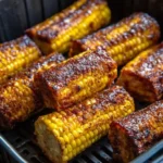 Spiced corn on the cob halves roasted in an air fryer basket with a golden-brown char.