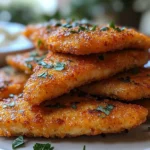 Stack of golden, crispy breaded chicken cutlets garnished with herbs on a white plate.