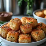 A plate of golden, crispy breaded salmon bites topped with fresh herbs.