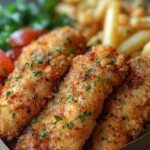 Golden crispy chicken tenders garnished with herbs, served with French fries and a side salad.