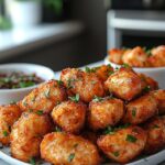 A plate full of golden, crispy salmon bites garnished with herbs and served with dipping sauce.
