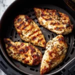 Grilled chicken breasts with herb seasoning in an air fryer basket.