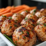 Buffalo chicken meatballs cooking in an air fryer basket, golden and crispy