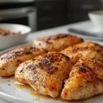 Buffalo chicken breasts air frying in a basket, golden and coated in sauce