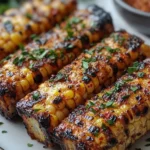 Crispy air fryer corn ribs elotes style with spices and toppings on a serving plate