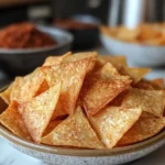 Homemade tortilla chips in an air fryer basket, golden and crispy with sea salt