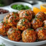 Side-by-side of air fried and baked buffalo chicken meatballs on a serving plate
