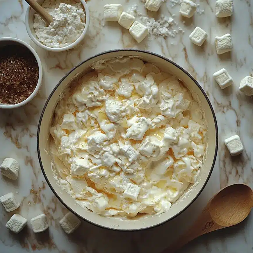A large pot filled with partially melted marshmallows and cream, surrounded by ingredients like brown sugar and flour on a marble countertop.