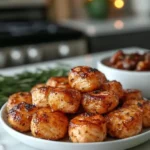 Glazed, seared salmon medallions stacked on a white plate with herbs and bokeh lighting in the background.