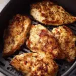 Grilled chicken breasts in an air fryer basket, golden and seasoned.