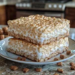 Two thick cereal treats with a gooey marshmallow filling stacked on a white plate.