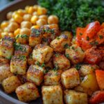 A close-up of a colorful plant-based dish featuring spiced tofu cubes, chickpeas, sautéed bell peppers, and kale.