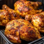 Crispy whole seasoned chickens cooked in an air fryer basket.