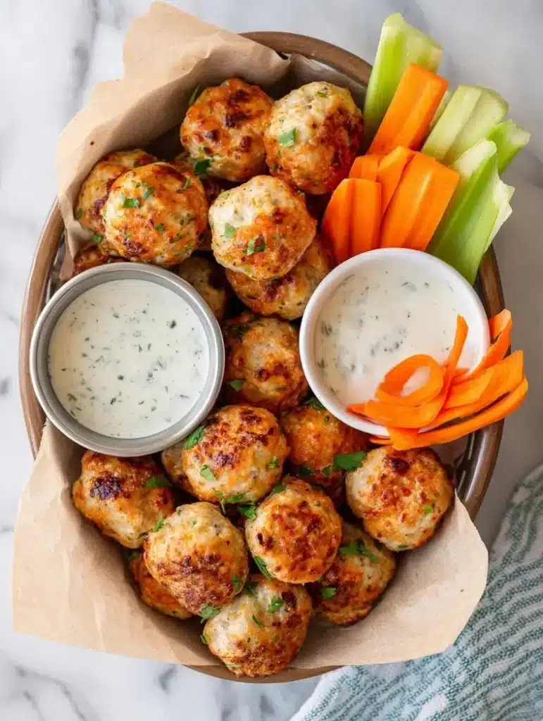 Buffalo chicken meatballs served as appetizers