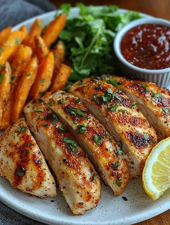 Served plate of air fryer chicken with sides and sauce