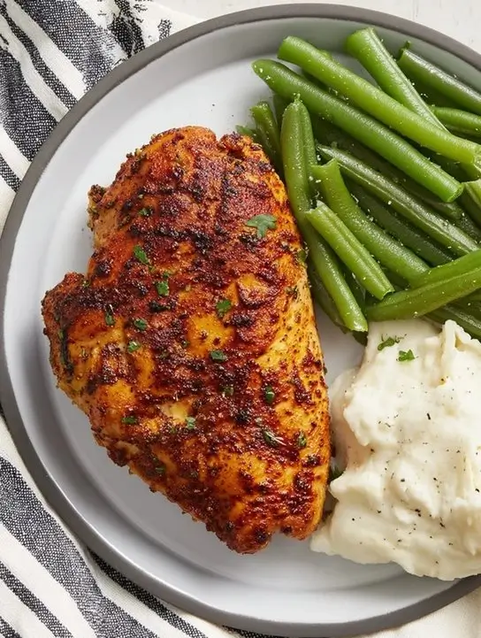 A plate of seasoned chicken breast served with green beans and mashed potatoes.
