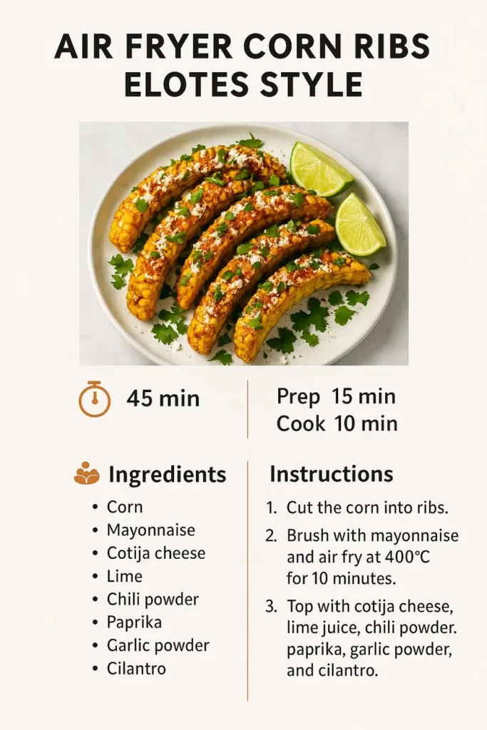 Printable recipe card for air fryer corn ribs elotes style