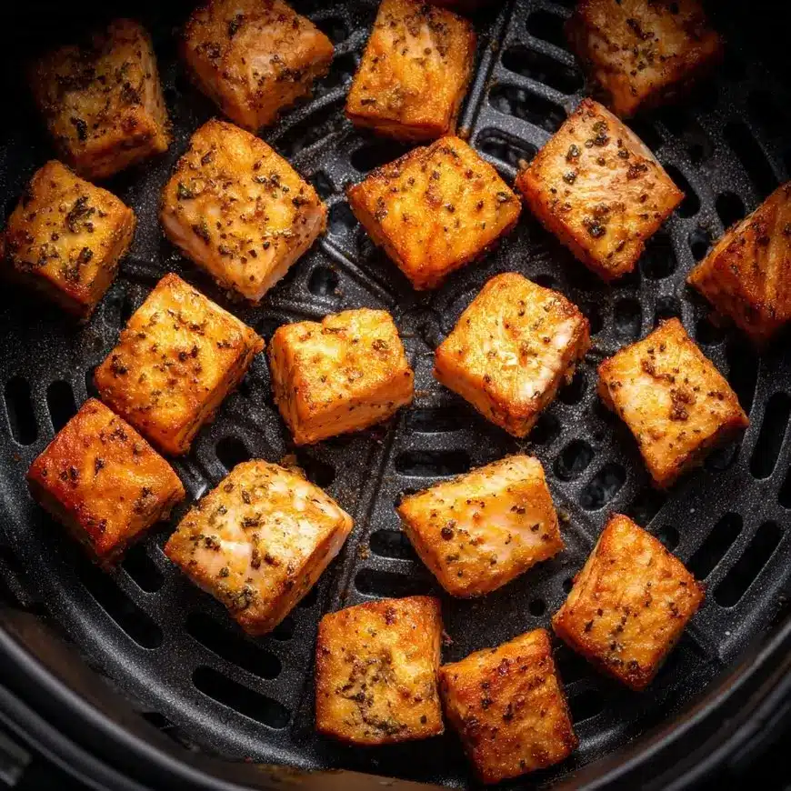 Air Fryer Salmon Bites: A Quick and Healthy Dinner plated with herbs
