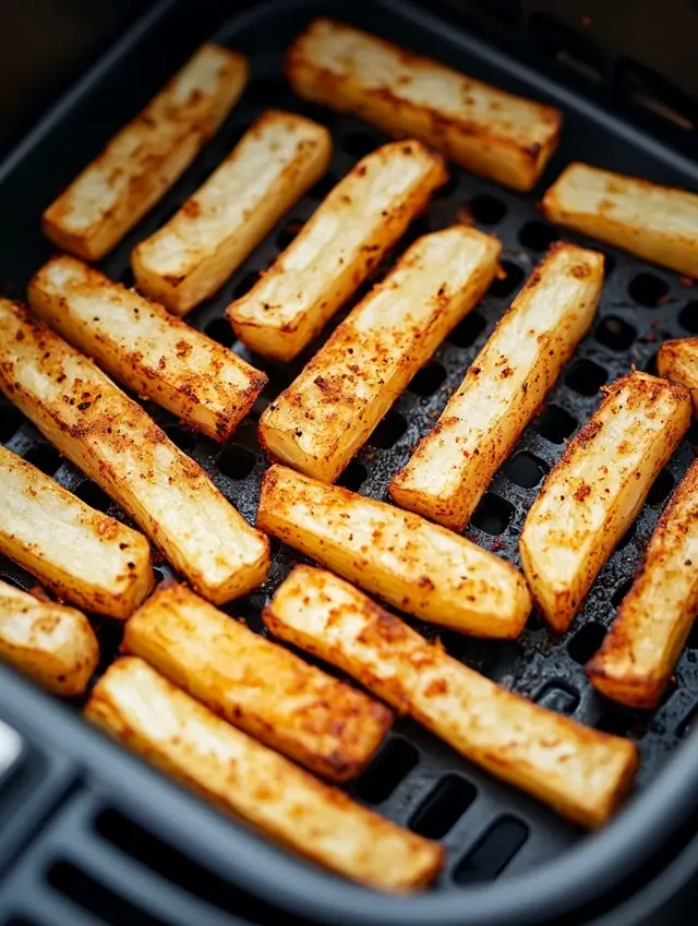Close-up of golden rutabaga fries arranged in an air fryer basket.