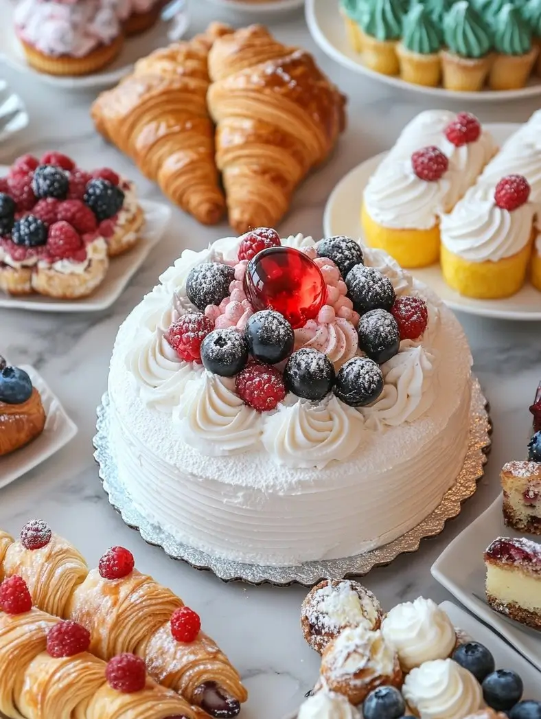  Assorted pastries and a fruit-topped cake on a marble countertop.