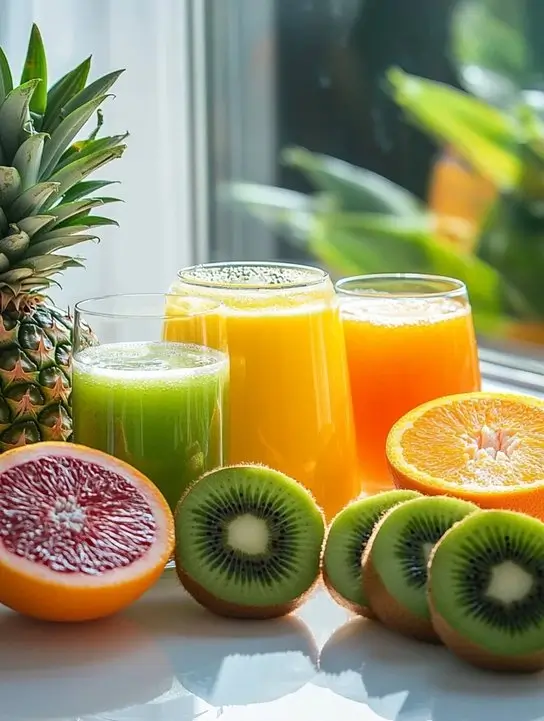  Assorted fresh fruit juices with pineapple, oranges, kiwi, and blood orange.
