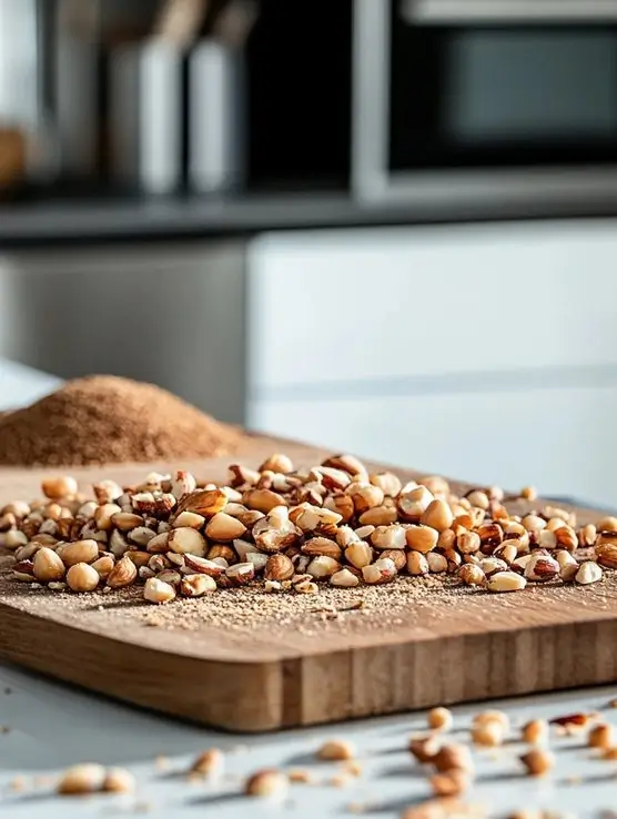Close-up of toasted piñon nuts on a wooden surface in warm natural light.