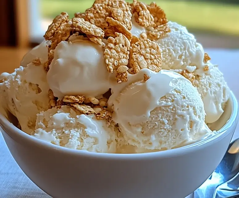 A bowl of vanilla ice cream topped with crunchy cereal flakes.