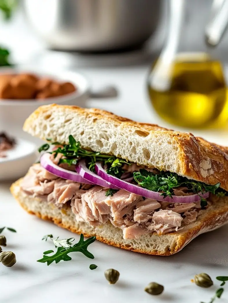 Buona beef tuna genovese sandwich sliced on wooden board