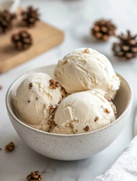 homemade pinon ice cream in rustic bowl