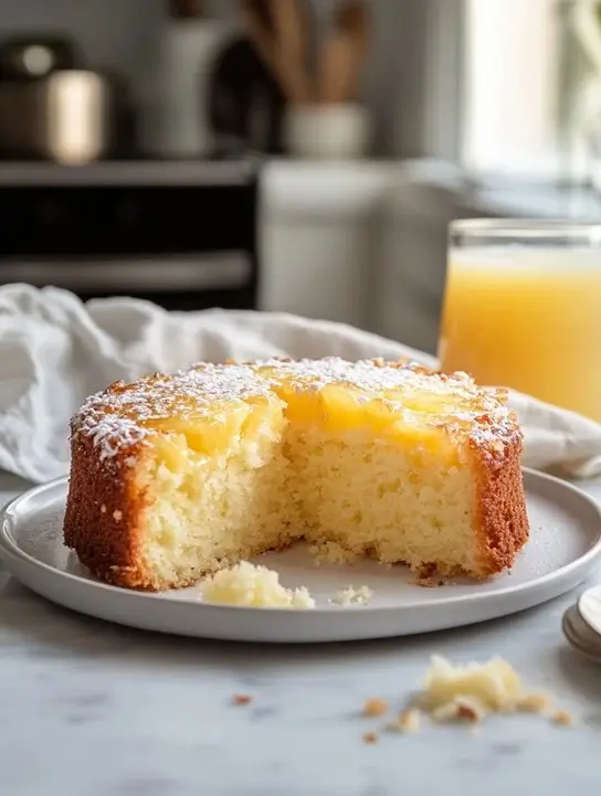 Pineapple coconut cake with juice on a plate in sunlit tropical setting