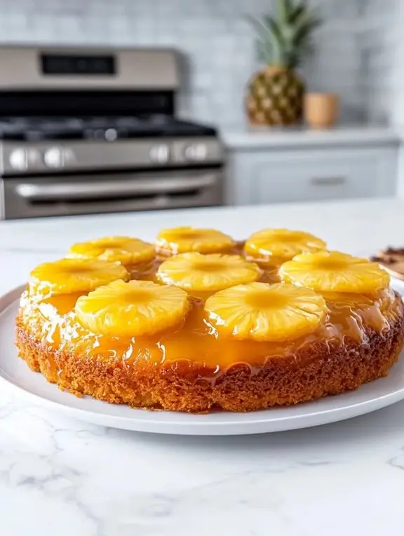 Upside down pineapple juice cake fresh from oven