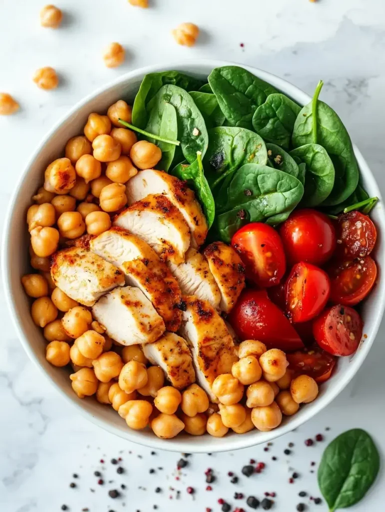 Wegovy recipe bowl with chickpeas, spinach, grilled chicken, and fresh herbs