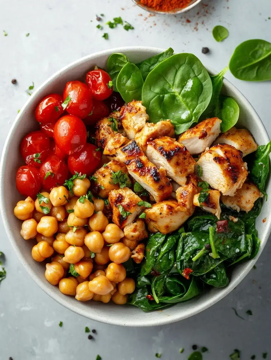 Wegovy recipe bowl with chickpeas, spinach, grilled chicken, and fresh herbs