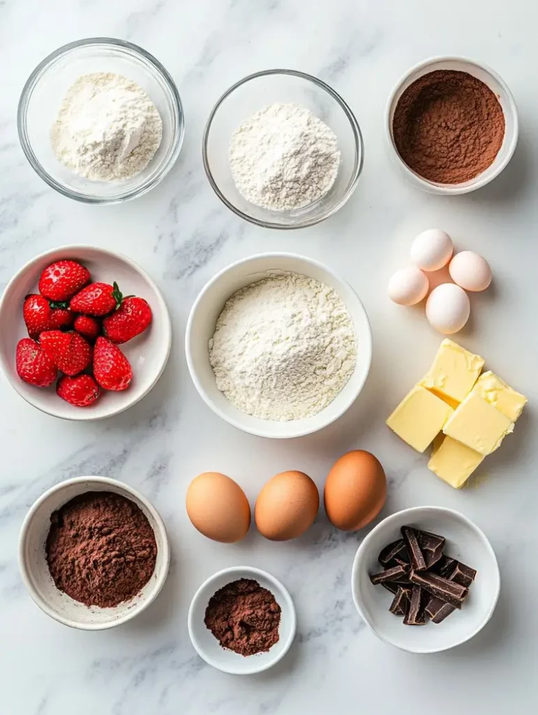 How to Make the Ultimate Neapolitan Cake 8 Neapolitan cake ingredients on a marble counter