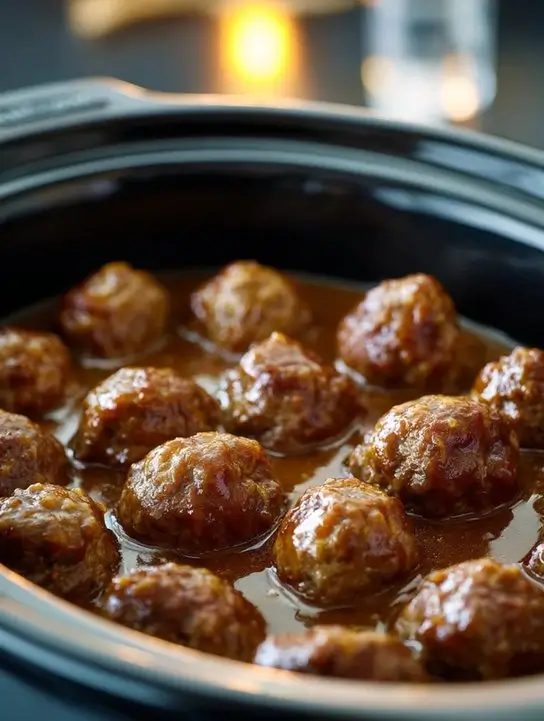 Slow Cooker Salisbury Steak Meatballs: Easy Family Comfort Food 8 Crockpot filled with Slow Cooker Salisbury Steak Meatballs in gravy