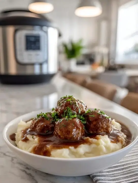 Slow Cooker Salisbury Steak Meatballs: Easy Family Comfort Food 6 Slow Cooker Salisbury Steak Meatballs with gravy over mashed potatoes