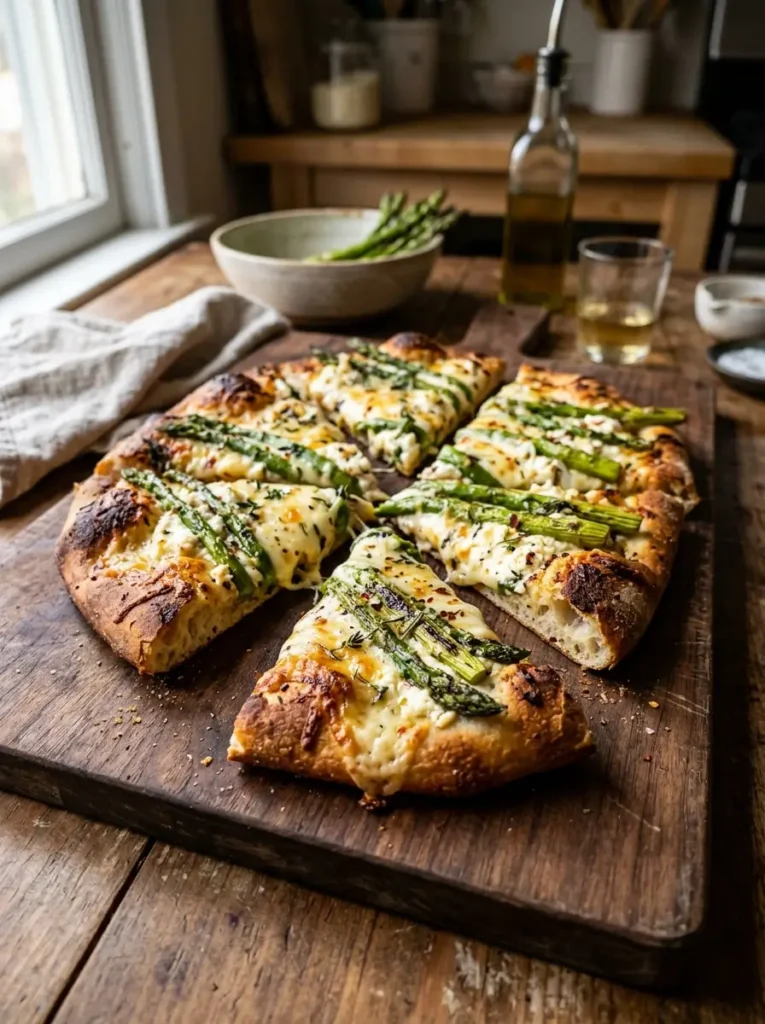 Asparagus Flatbread – Easy, Crispy, and Flavorful 3 asparagus flatbread with melted cheese and crispy crust