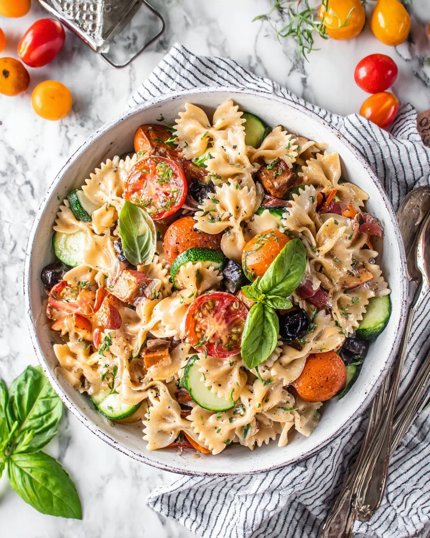 Home 1 Overhead view of a creamy bowtie pasta salad with zucchini, cherry tomatoes, olives, herbs, and basil in a white serving bowl on a marble surface.